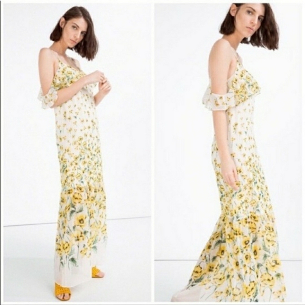Zara basic yellow floral off shoulder ruffle maxi dress poppy flower xs